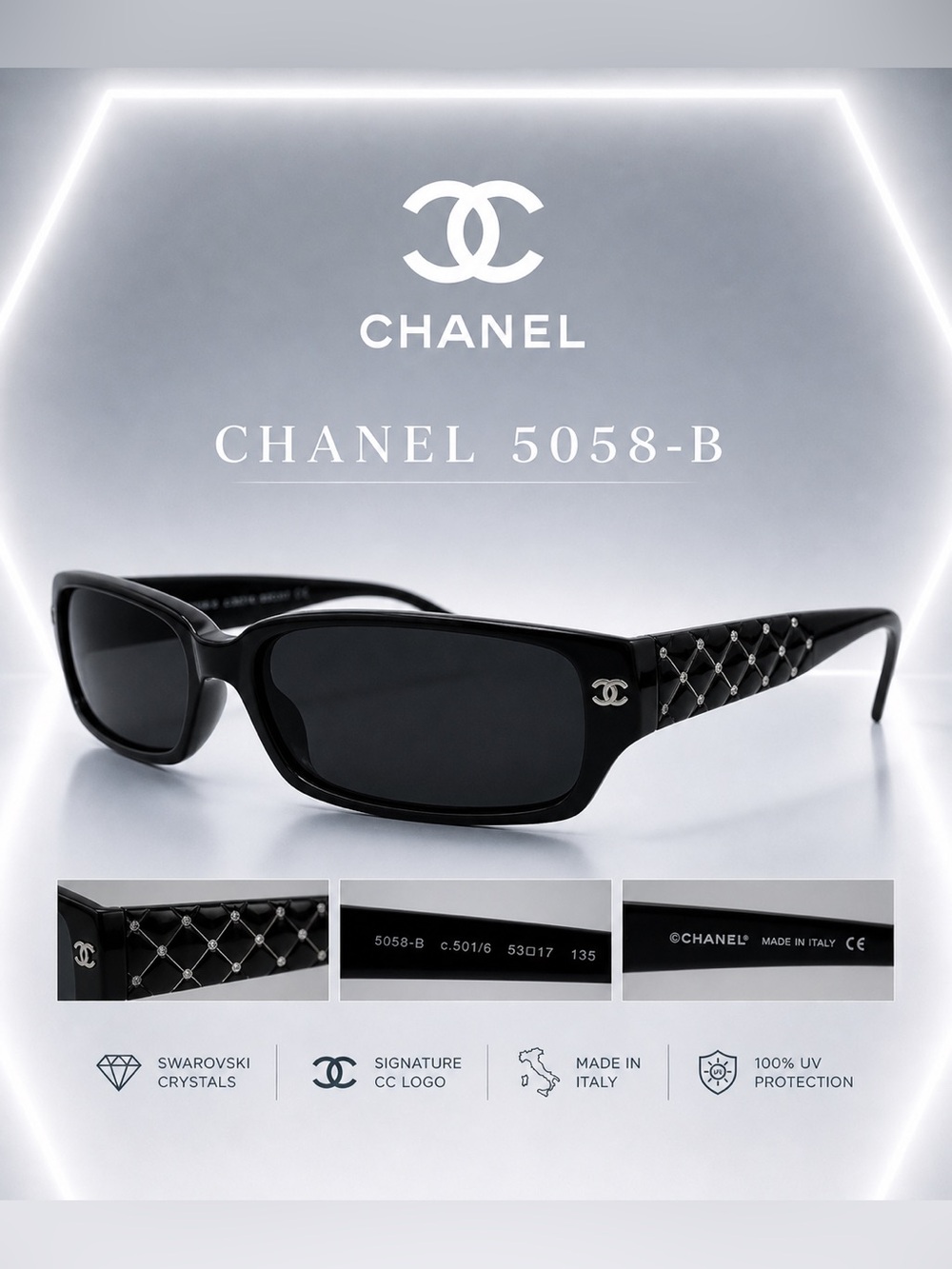 Rare Chanel 5058-B sunglasses-quilted Swarovski crystal-arms—hard-to-find design